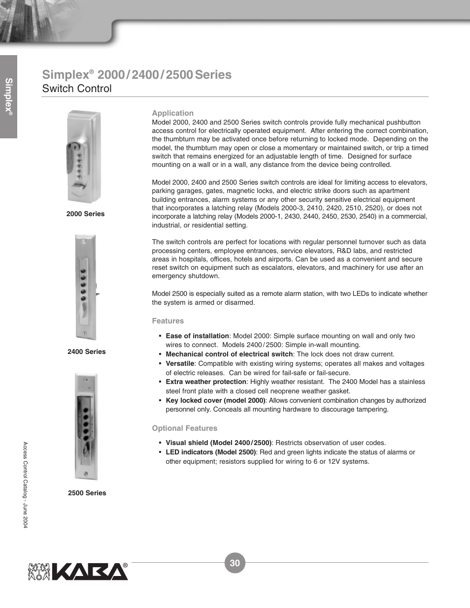 Simplex, Switch control | Assa Simplex Mechanical Pushbutton Locks User Manual | Page 30 / 54