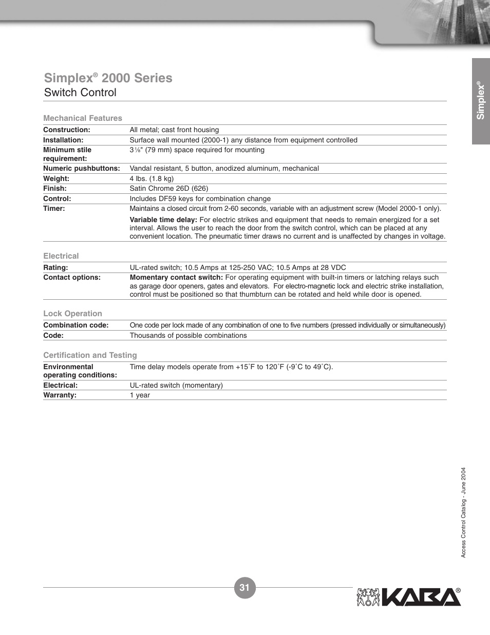 2000 series, Switch control, Simplex | Assa Simplex Mechanical Pushbutton Locks User Manual | Page 31 / 54