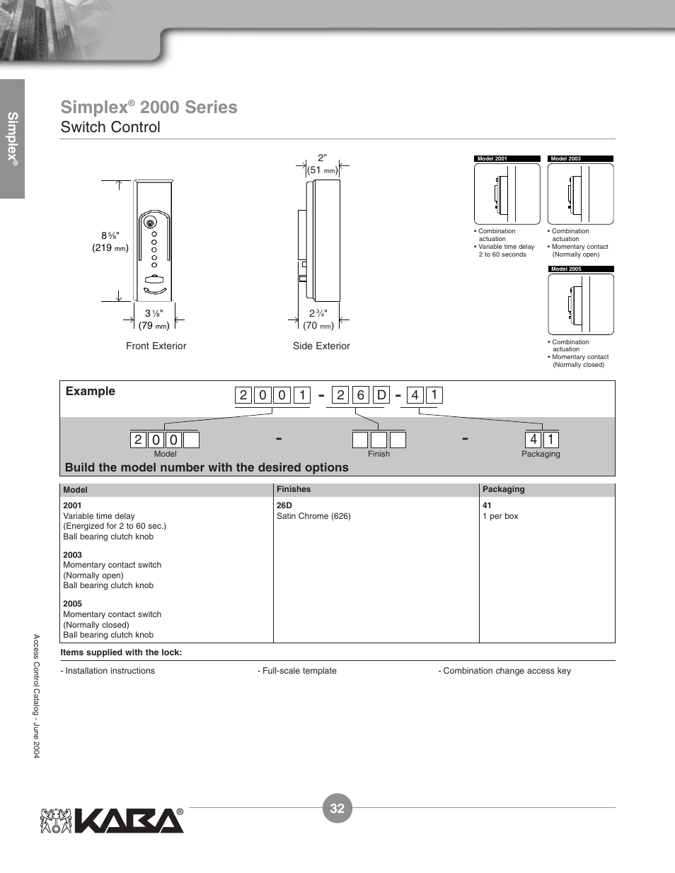 2000 series, Switch control, Simplex | 12 d, Example, Build the model number with the desired options | Assa Simplex Mechanical Pushbutton Locks User Manual | Page 32 / 54