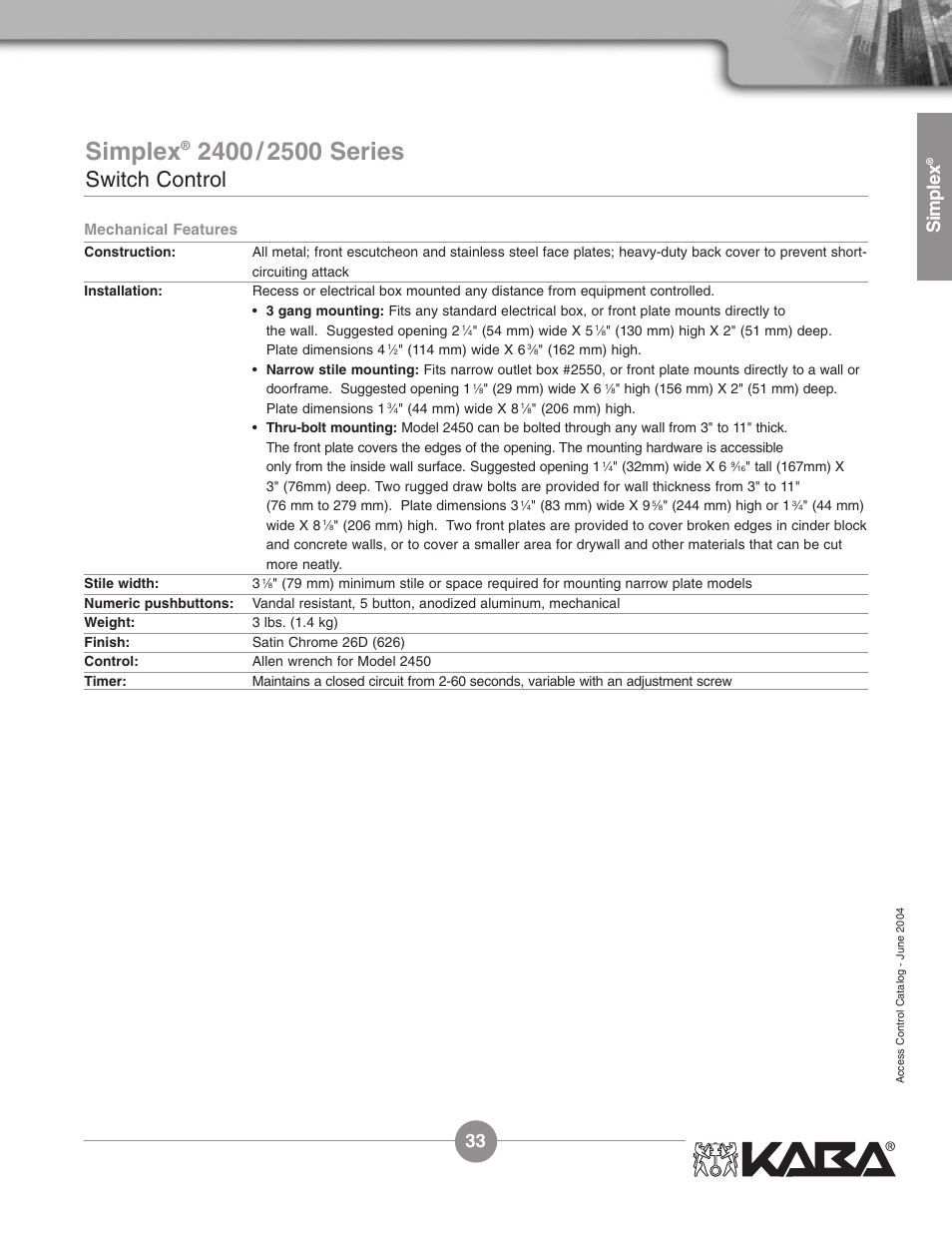 Switch control, Simplex | Assa Simplex Mechanical Pushbutton Locks User Manual | Page 33 / 54