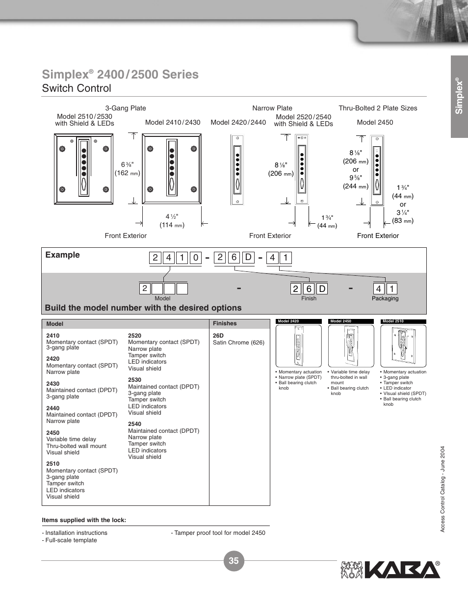 Switch control, Simplex, 2 6 d | Example, Build the model number with the desired options | Assa Simplex Mechanical Pushbutton Locks User Manual | Page 35 / 54