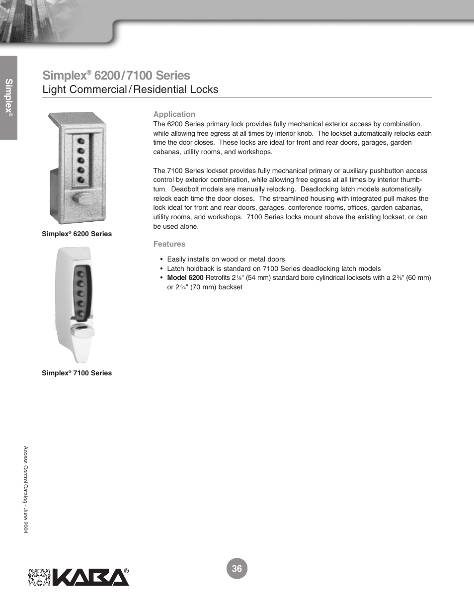 Light commercial / residential locks, Simplex | Assa Simplex Mechanical Pushbutton Locks User Manual | Page 36 / 54
