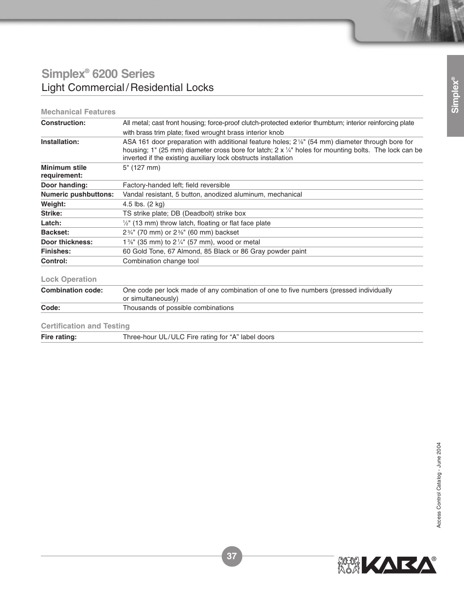 6200 series, Light commercial / residential locks, Simplex | Assa Simplex Mechanical Pushbutton Locks User Manual | Page 37 / 54