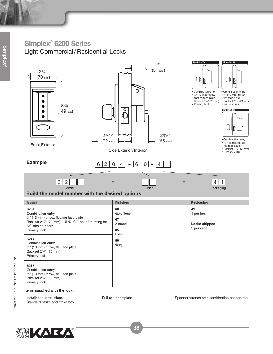 6200 series, Light commercial / residential locks, Simplex | Example, Build the model number with the desired options | Assa Simplex Mechanical Pushbutton Locks User Manual | Page 38 / 54