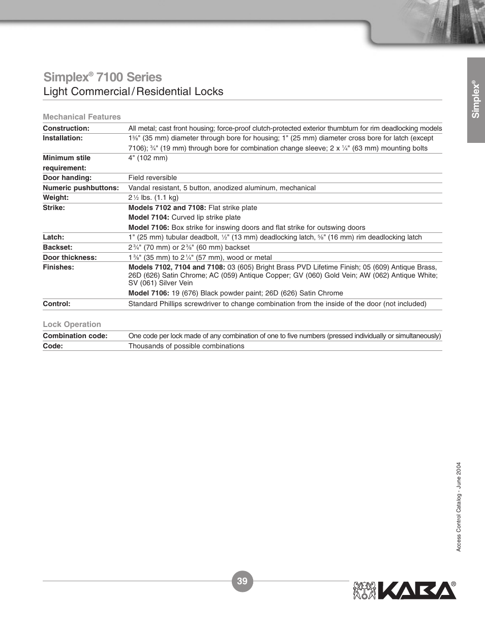 7100 series, Light commercial / residential locks, Simplex | Assa Simplex Mechanical Pushbutton Locks User Manual | Page 39 / 54