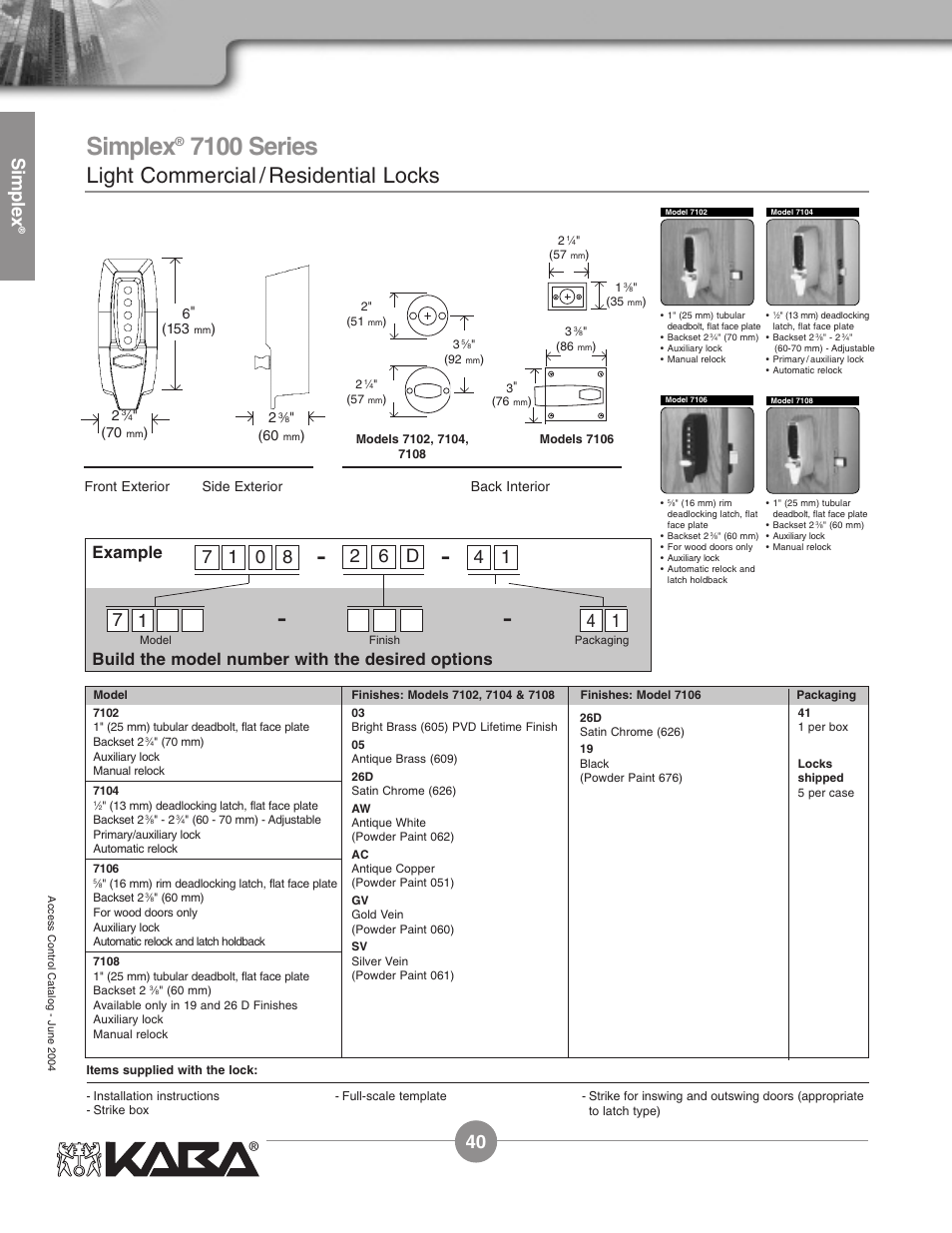 7100 series, Light commercial / residential locks, Simplex | 6 d 2 | Assa Simplex Mechanical Pushbutton Locks User Manual | Page 40 / 54