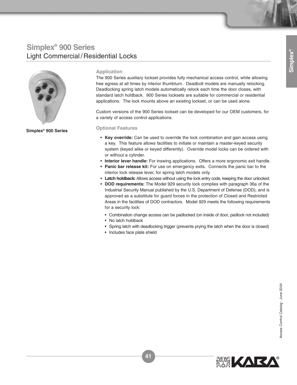 Simplex, 900 series, Light commercial / residential locks | Assa Simplex Mechanical Pushbutton Locks User Manual | Page 41 / 54