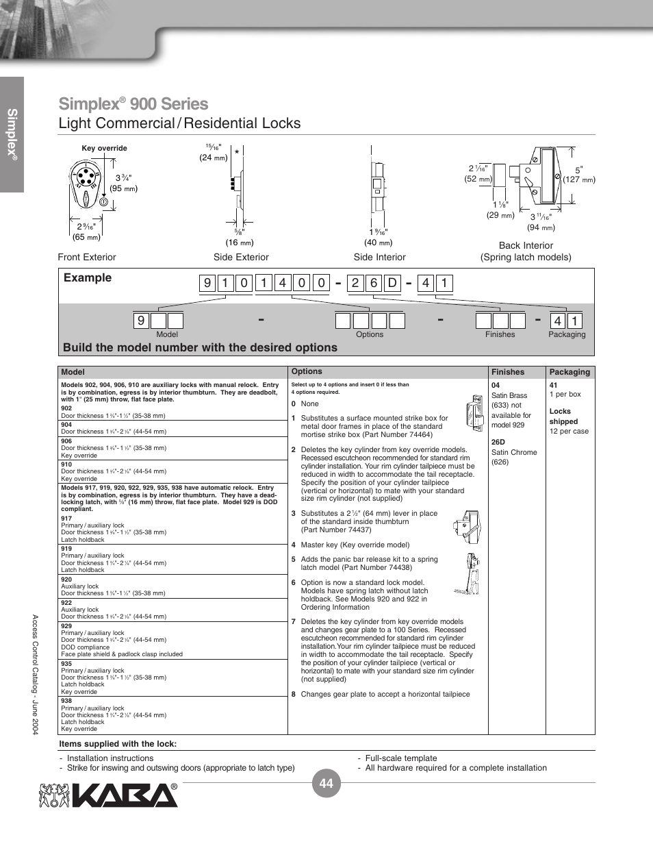 900 series, Light commercial / residential locks, Simplex | Example, Build the model number with the desired options | Assa Simplex Mechanical Pushbutton Locks User Manual | Page 44 / 54