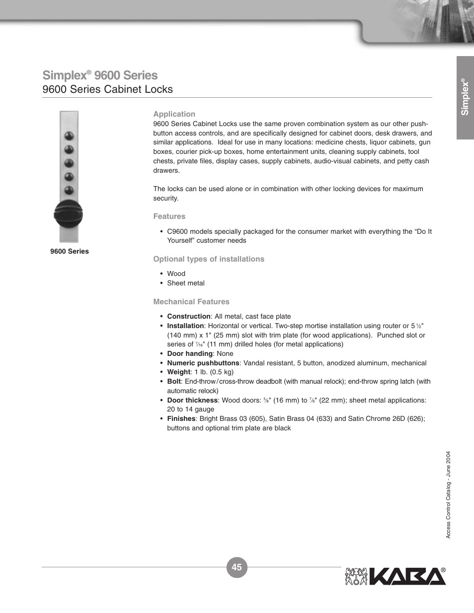 9600 series, 9600 series cabinet locks, Simplex | Assa Simplex Mechanical Pushbutton Locks User Manual | Page 45 / 54