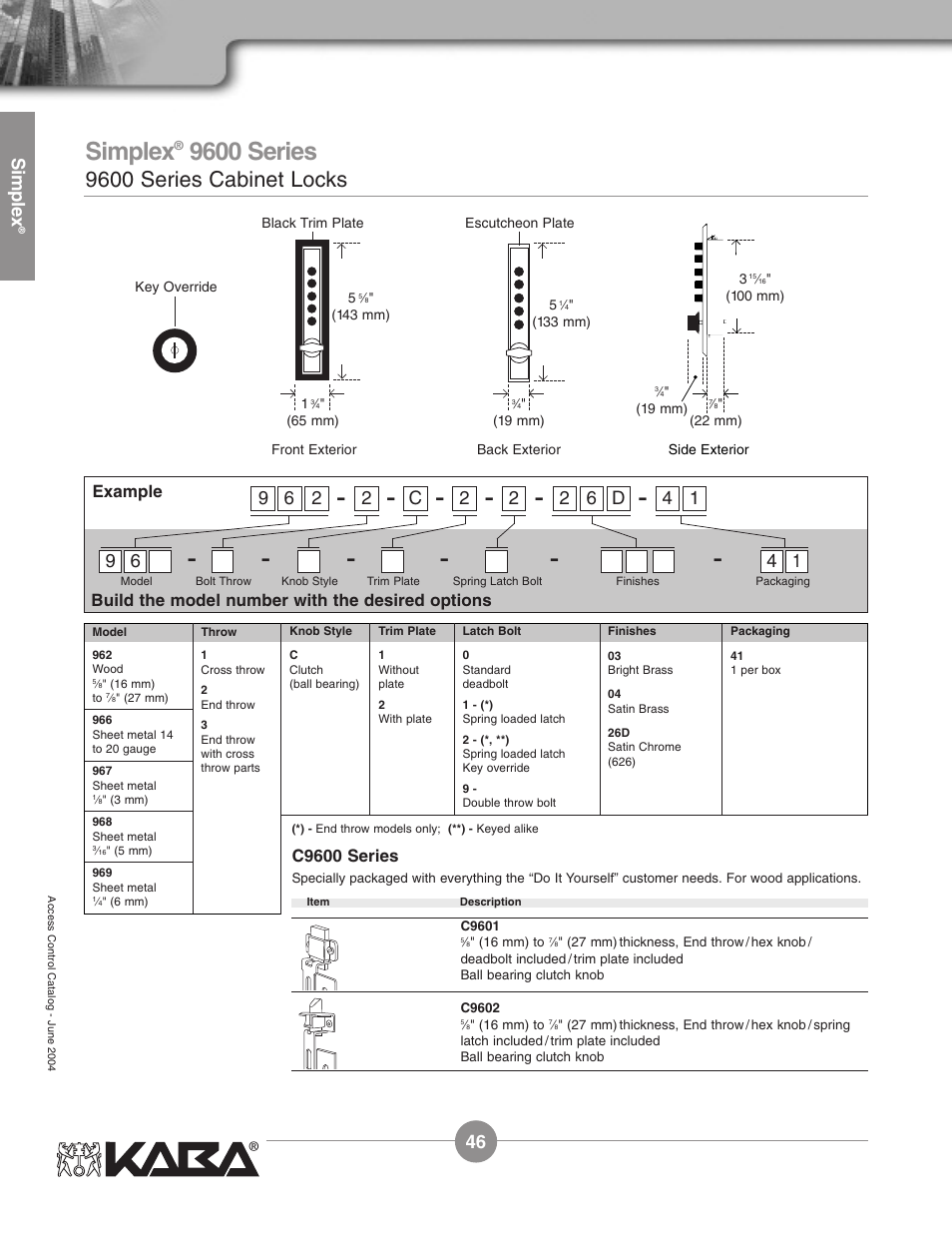 9600 series, 9600 series cabinet locks, Simplex | D4 1, Example, Build the model number with the desired options, C9600 series | Assa Simplex Mechanical Pushbutton Locks User Manual | Page 46 / 54