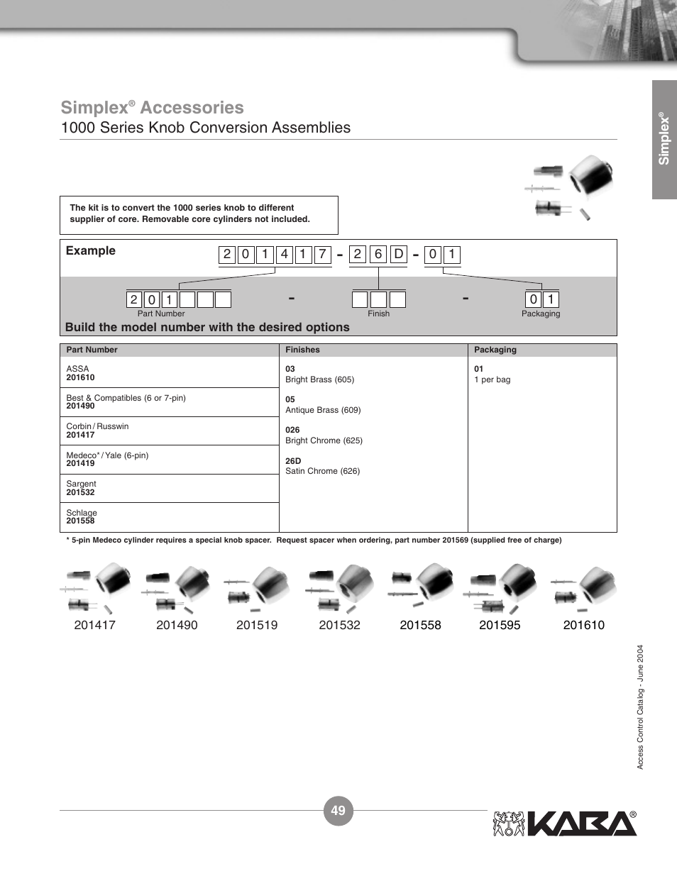 Simplex, Accessories, 1000 series knob conversion assemblies | Assa Simplex Mechanical Pushbutton Locks User Manual | Page 49 / 54