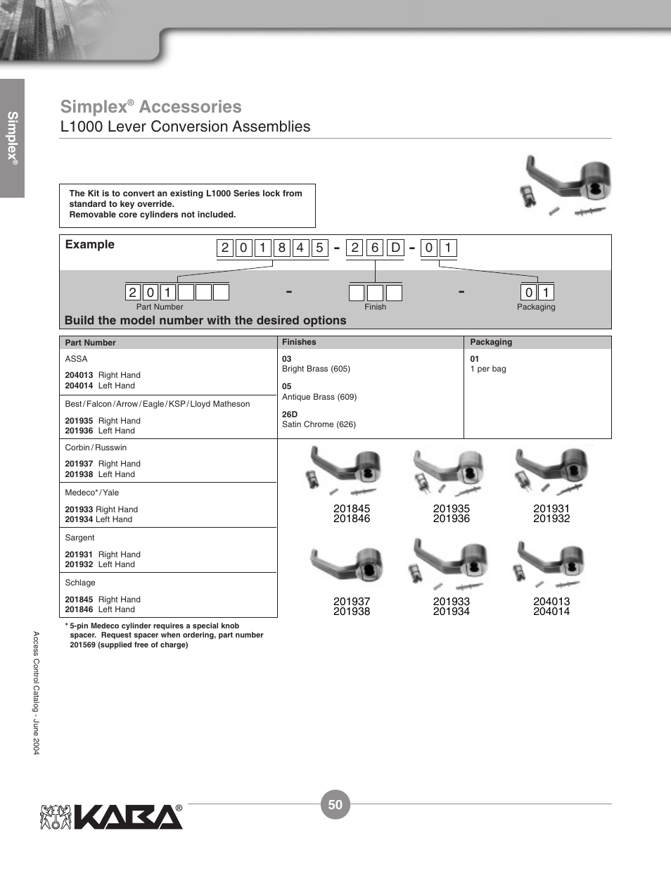 Simplex, Accessories, L1000 lever conversion assemblies | Assa Simplex Mechanical Pushbutton Locks User Manual | Page 50 / 54