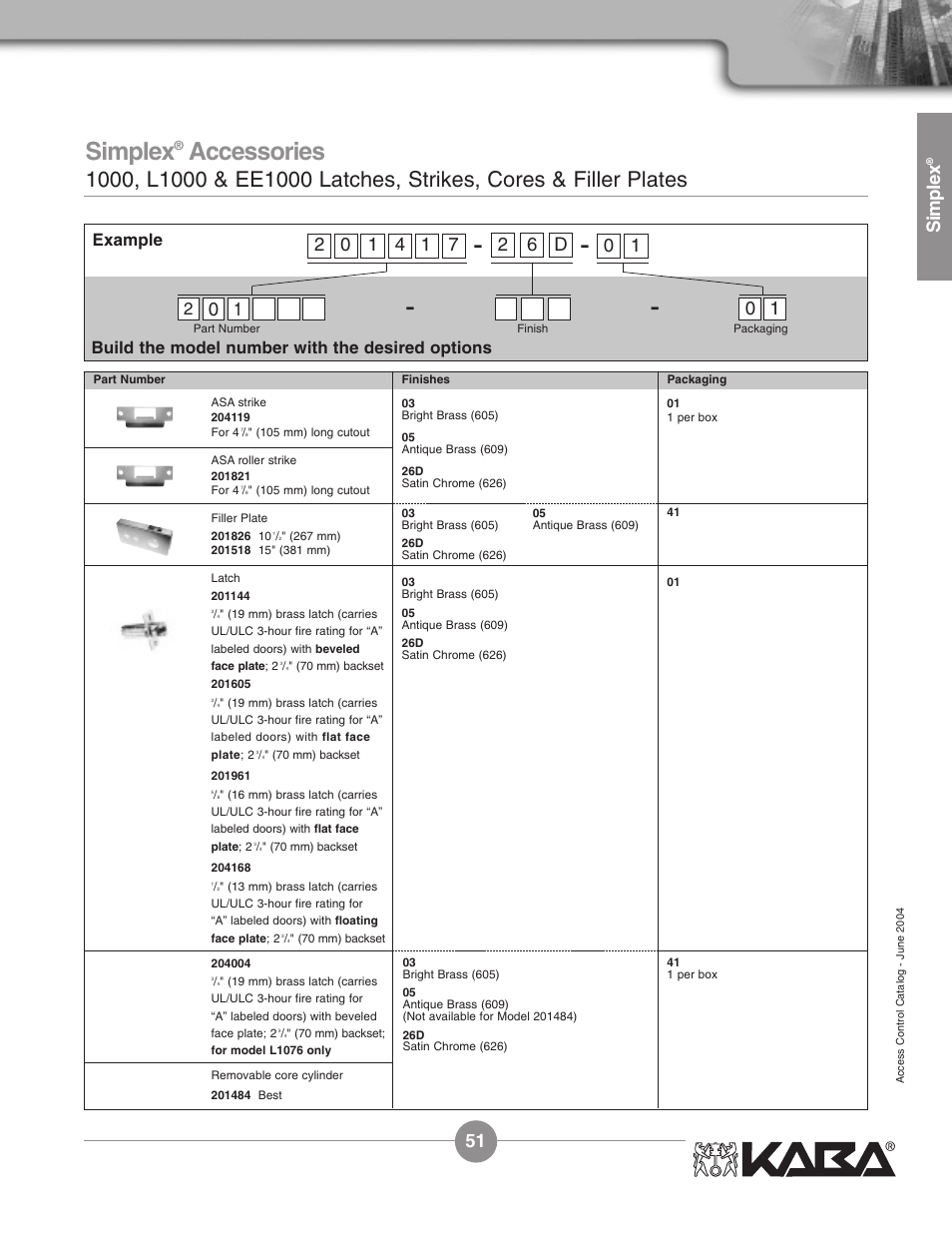 Accessories, Simplex, 72 d | Example, Build the model number with the desired options | Assa Simplex Mechanical Pushbutton Locks User Manual | Page 51 / 54