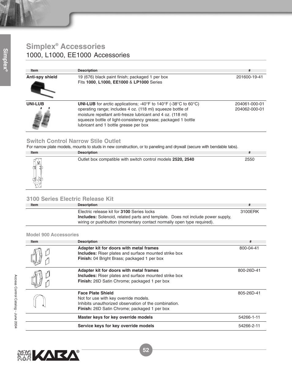 Accessories, Simplex, Switch control narrow stile outlet | 3100 series electric release kit | Assa Simplex Mechanical Pushbutton Locks User Manual | Page 52 / 54