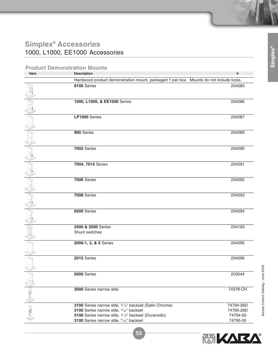 Accessories, Simplex, 53 product demonstration mounts | Assa Simplex Mechanical Pushbutton Locks User Manual | Page 53 / 54