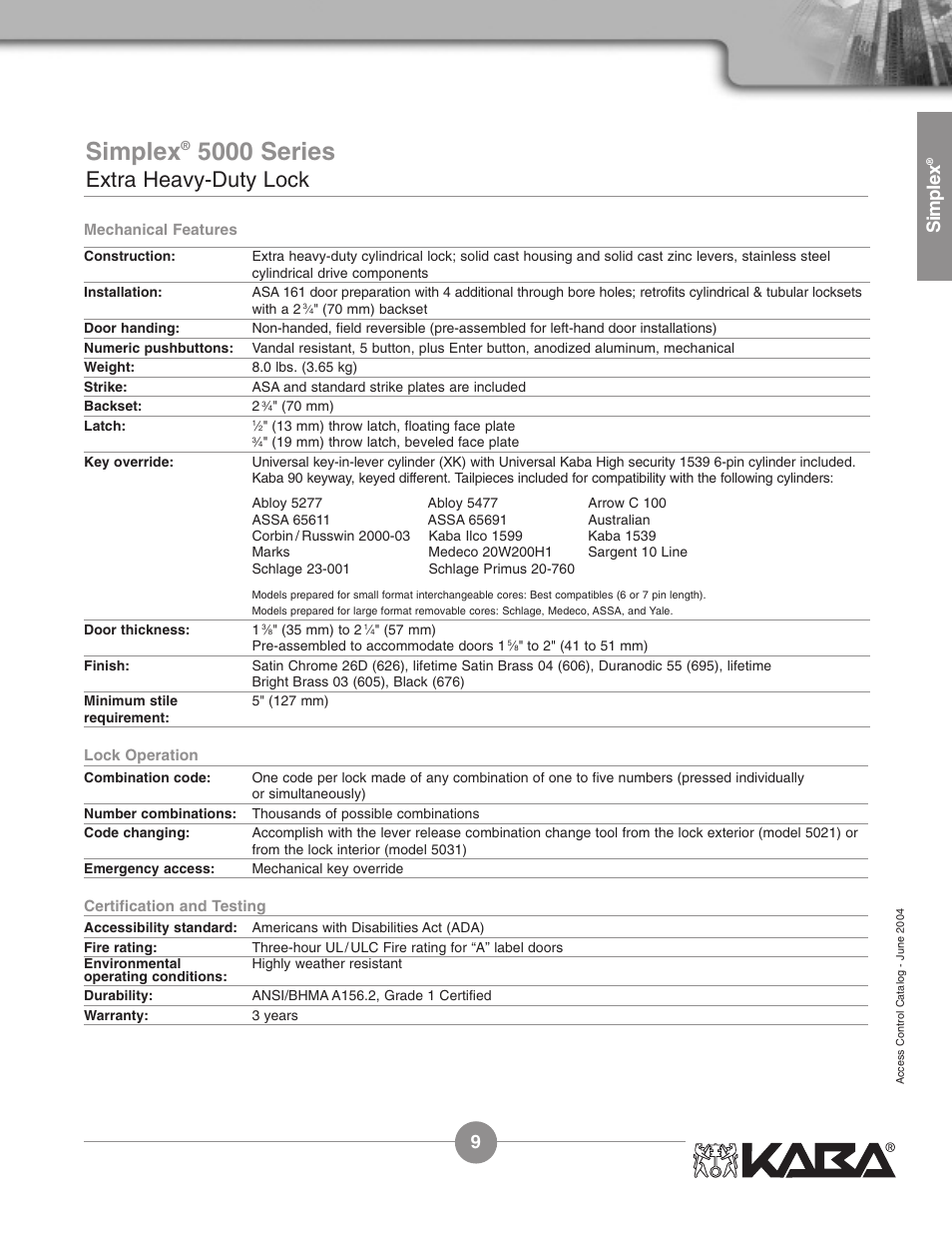 5000 series, Extra heavy-duty lock, Simplex | Assa Simplex Mechanical Pushbutton Locks User Manual | Page 9 / 54