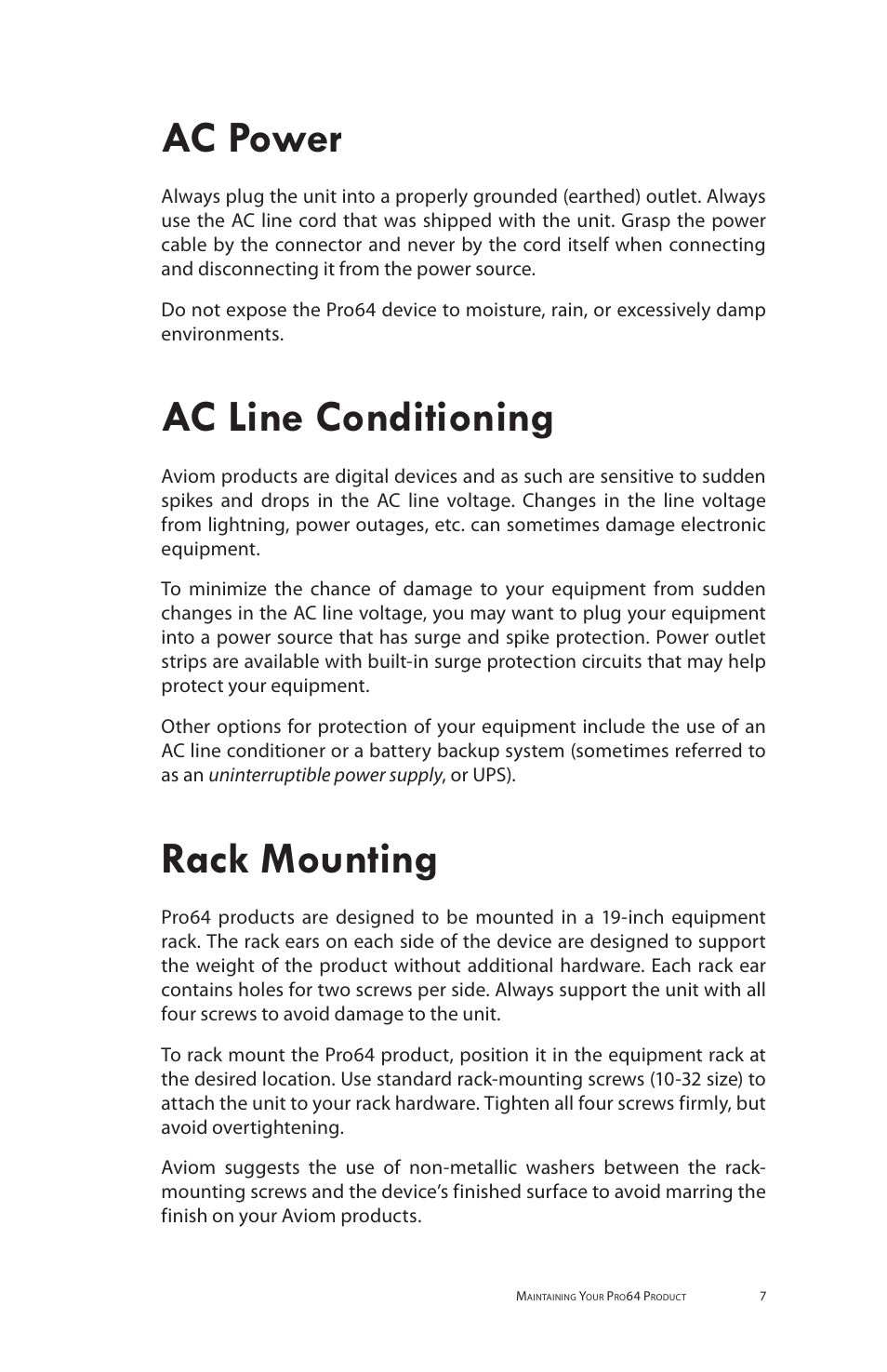 Ac power ac line conditioning rack mounting, Ac power, Ac line conditioning | Rack mounting | Aviom MH10f User Manual | Page 15 / 41