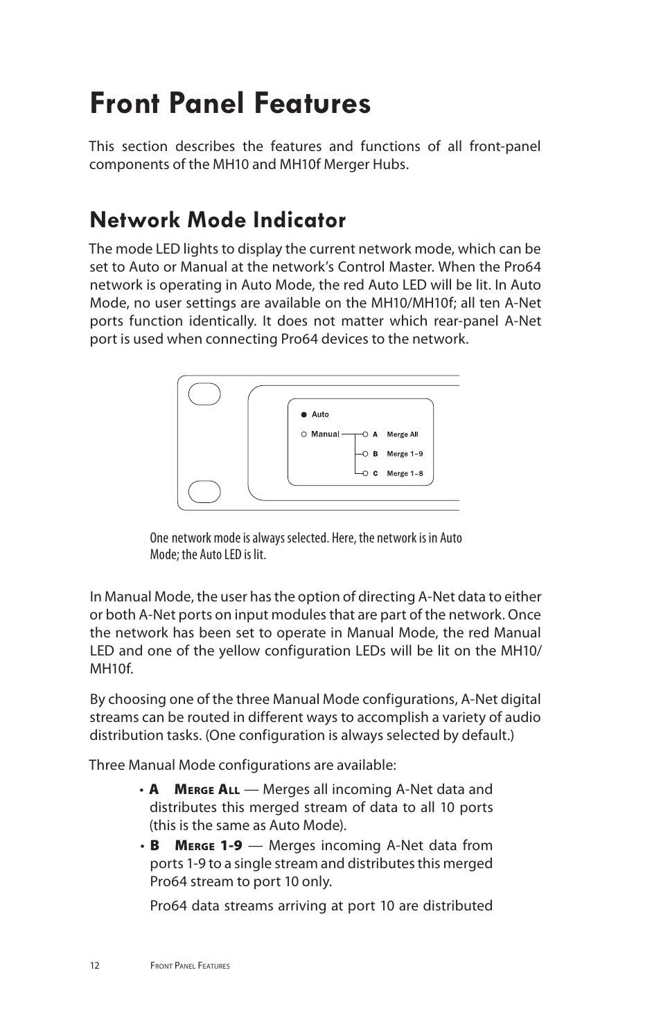 Front panel features, Network mode indicator | Aviom MH10f User Manual | Page 20 / 41