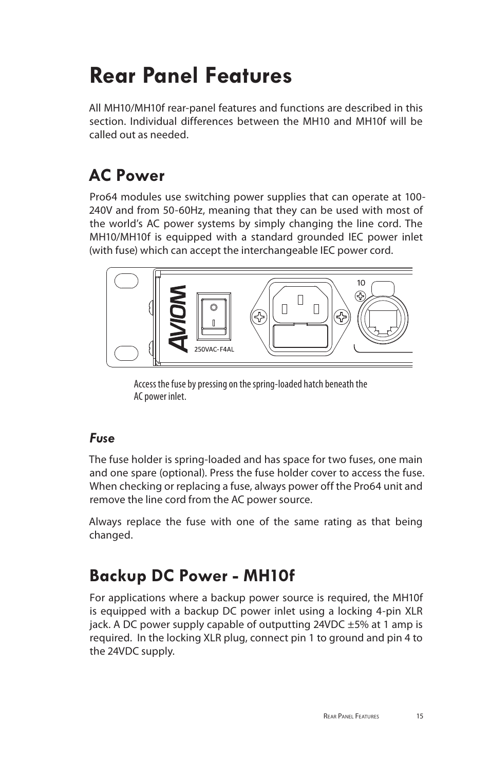 Rear panel features, Ac power fuse backup dc power - mh10f, Ac power | Backup dc power - mh10f, Fuse | Aviom MH10f User Manual | Page 23 / 41