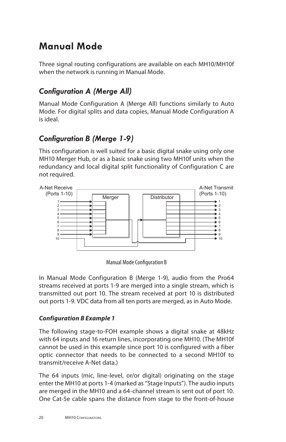Manual mode, Configuration a (merge all), Configuration b (merge 1-9) | Aviom MH10f User Manual | Page 28 / 41
