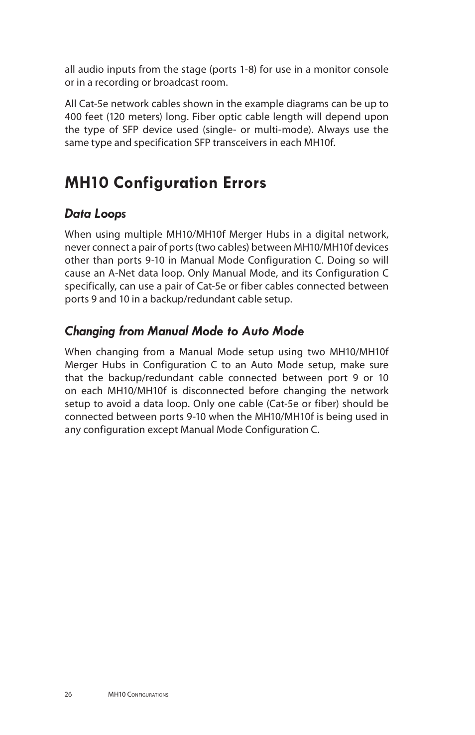 Mh10 configuration errors, Data loops, Changing from manual mode to auto mode | Aviom MH10f User Manual | Page 34 / 41