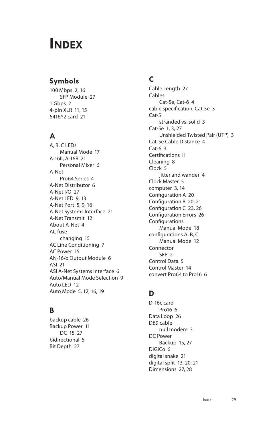 Ndex, Symbols | Aviom MH10f User Manual | Page 37 / 41