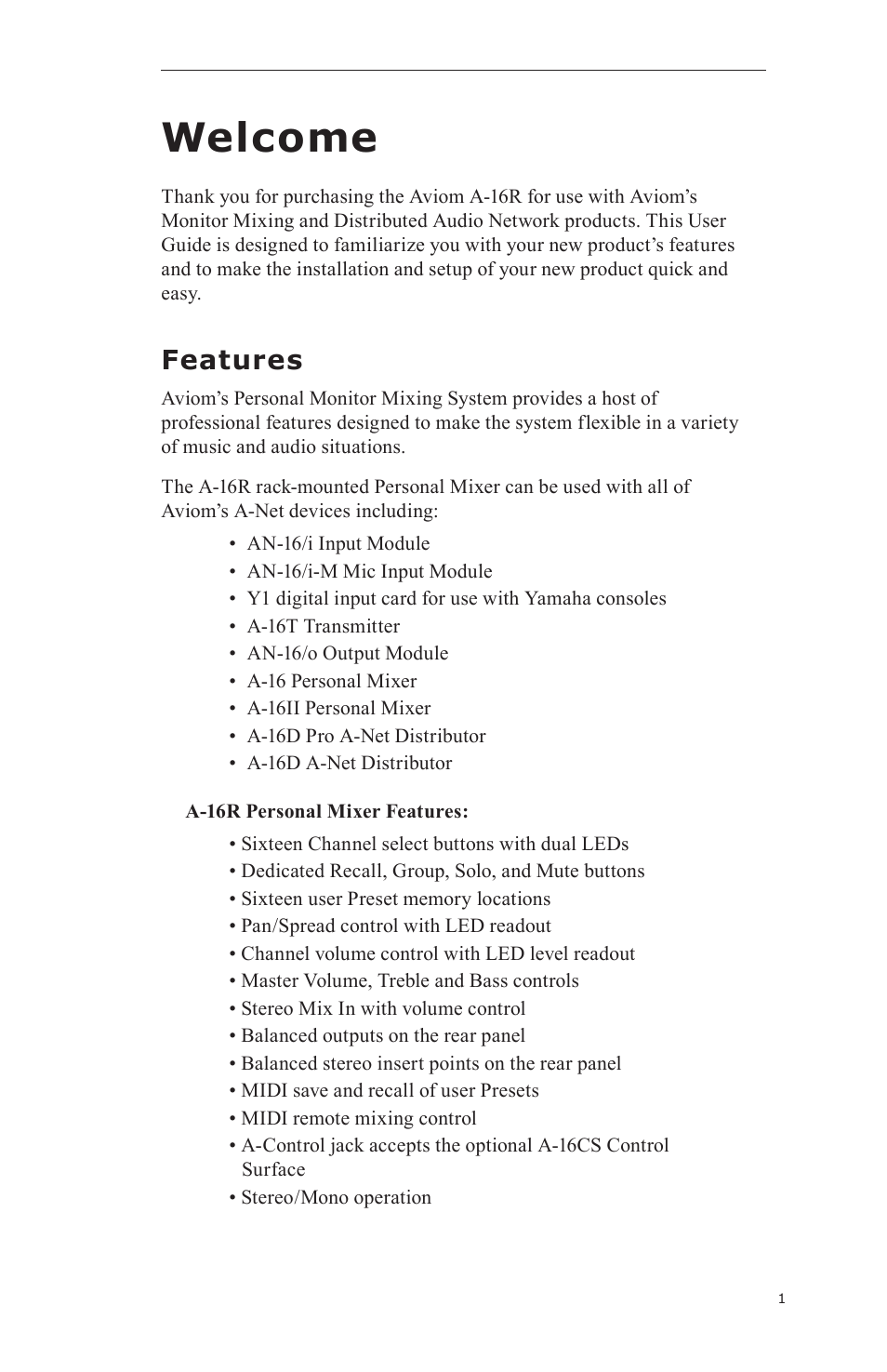 Welcome, Features | Aviom A-16CS User Manual | Page 11 / 92