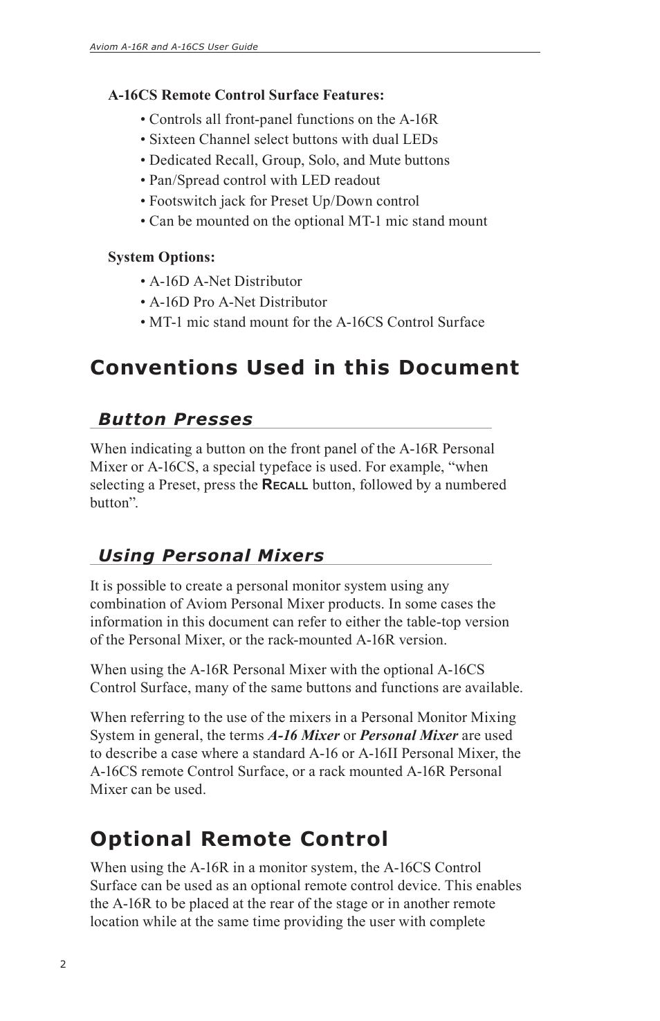 Conventions used in this document, Optional remote control | Aviom A-16CS User Manual | Page 12 / 92