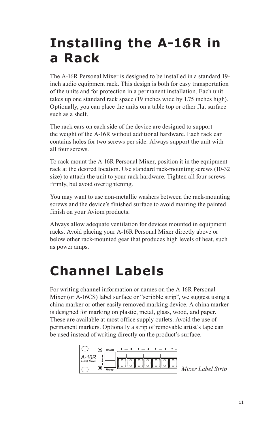 Installing the a-16r in a rack, Channel labels, Mixer label strip | Aviom A-16CS User Manual | Page 21 / 92