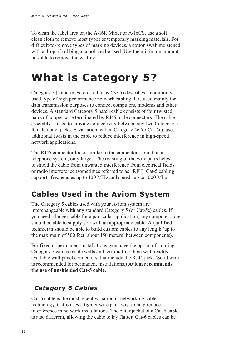 What is category 5, Cables used in the aviom system | Aviom A-16CS User Manual | Page 22 / 92