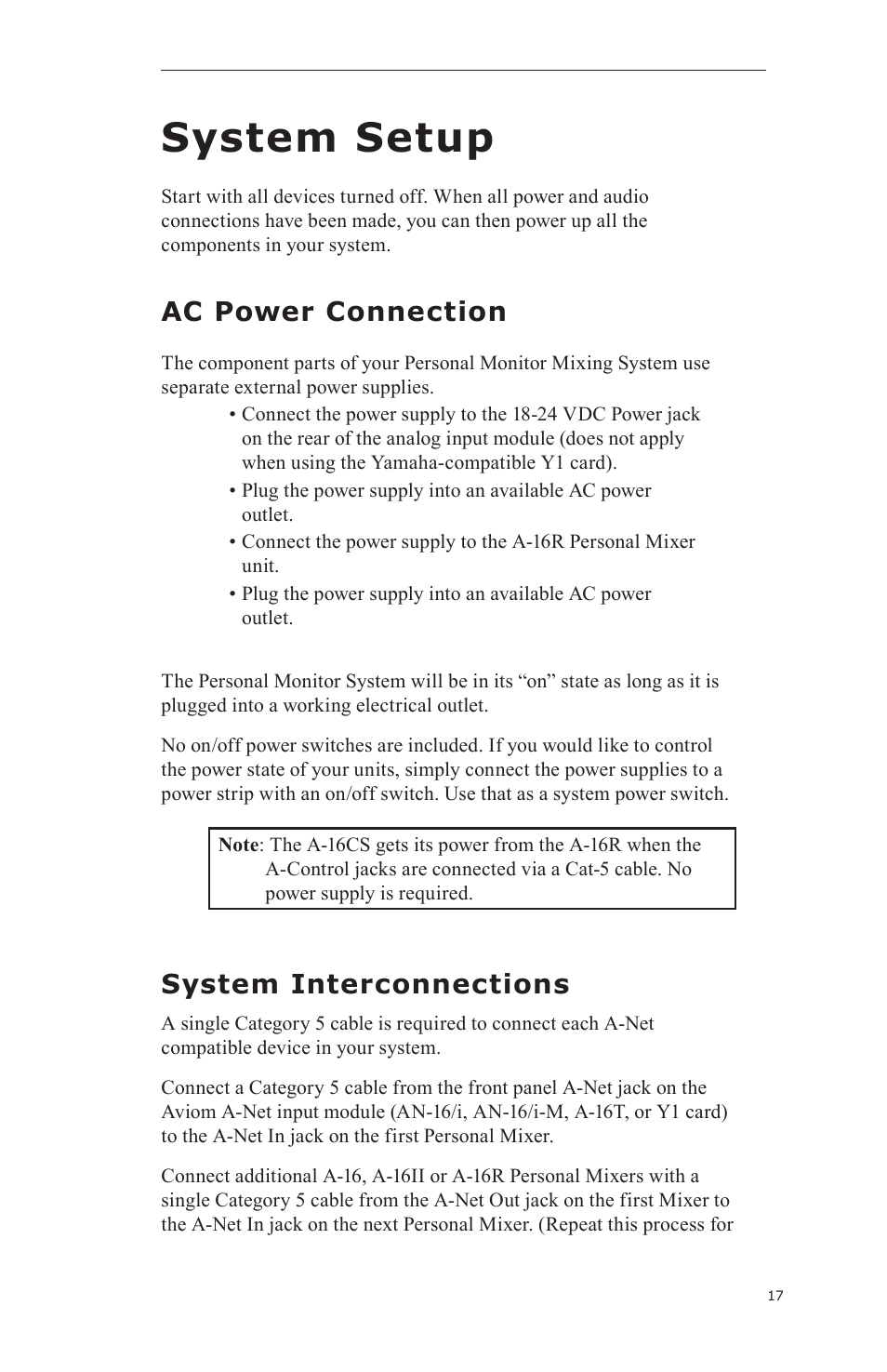 System setup, Ac power connection, System interconnections | Aviom A-16CS User Manual | Page 27 / 92