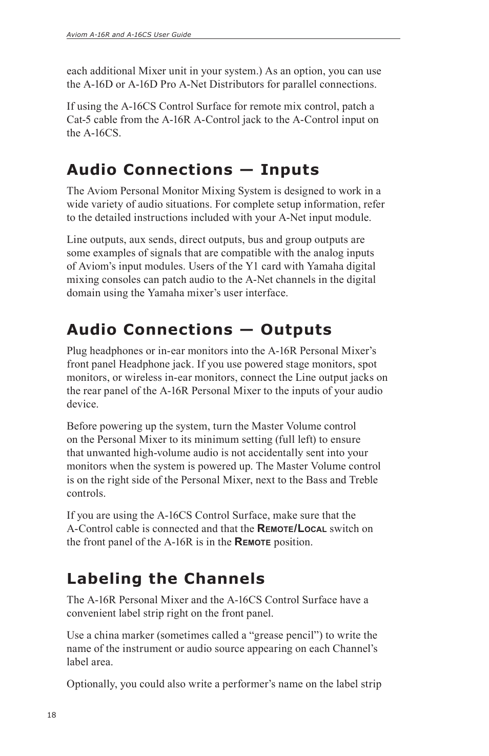 Audio connections — inputs, Audio connections — outputs, Labeling the channels | Aviom A-16CS User Manual | Page 28 / 92