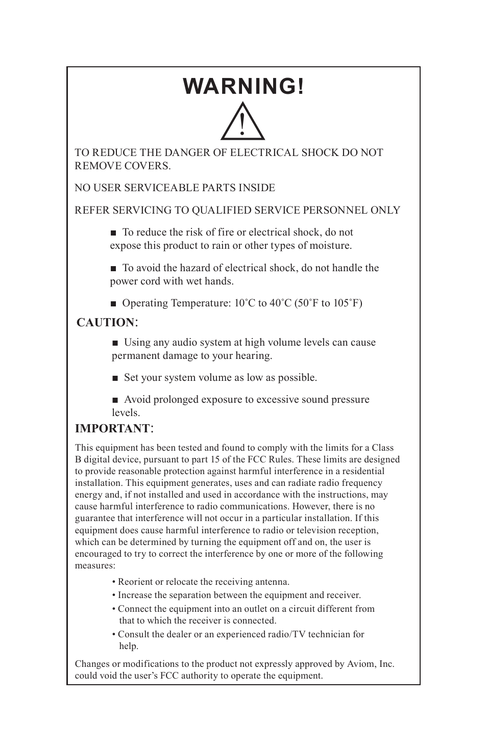 Warning | Aviom A-16CS User Manual | Page 3 / 92