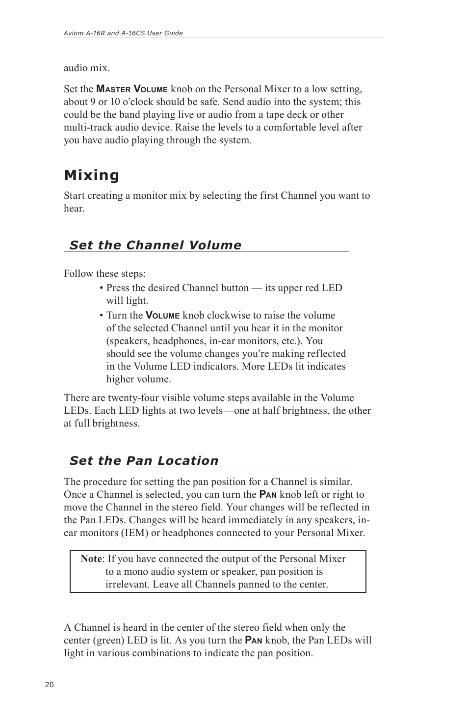 Mixing, Set the channel volume, Set the pan location | Aviom A-16CS User Manual | Page 30 / 92