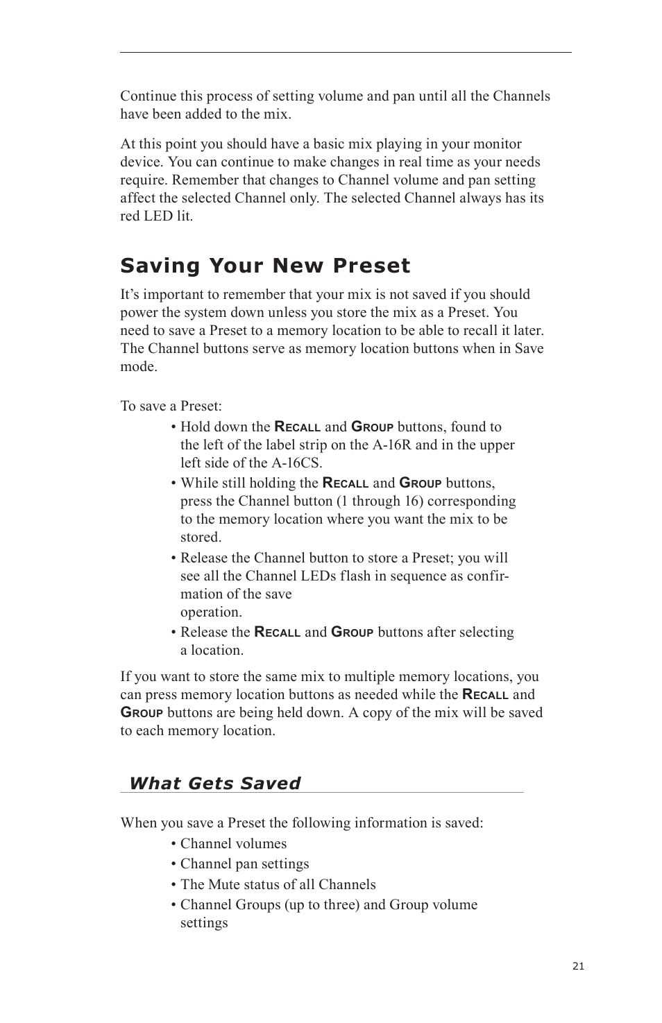 Saving your new preset, What gets saved | Aviom A-16CS User Manual | Page 31 / 92