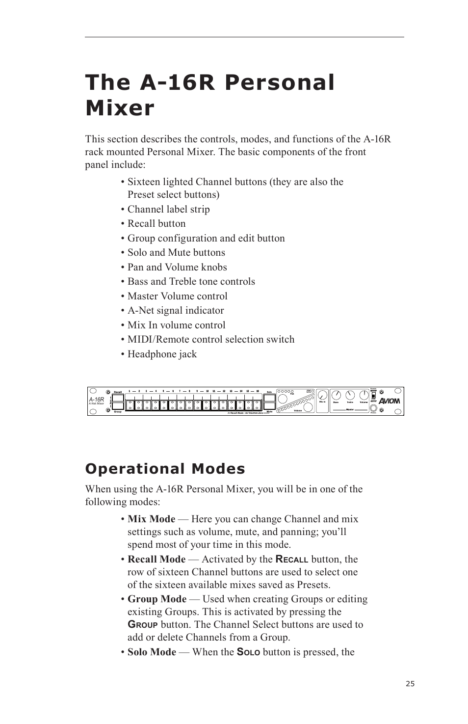 The a-16r personal mixer, Operational modes, Button is pressed, the | Aviom A-16CS User Manual | Page 35 / 92