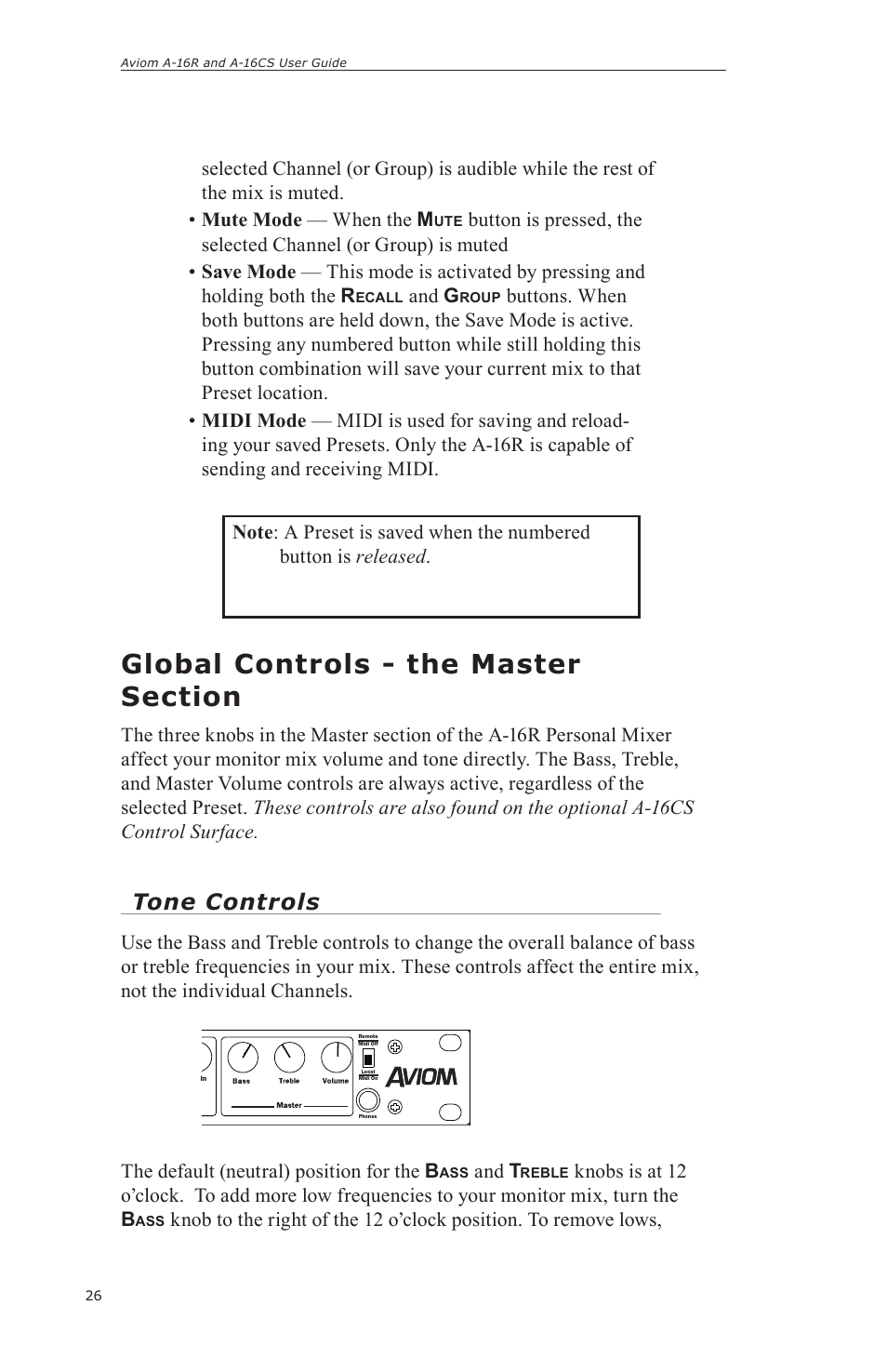 Tone controls, And g, The default (neutral) position for the b | And t | Aviom A-16CS User Manual | Page 36 / 92