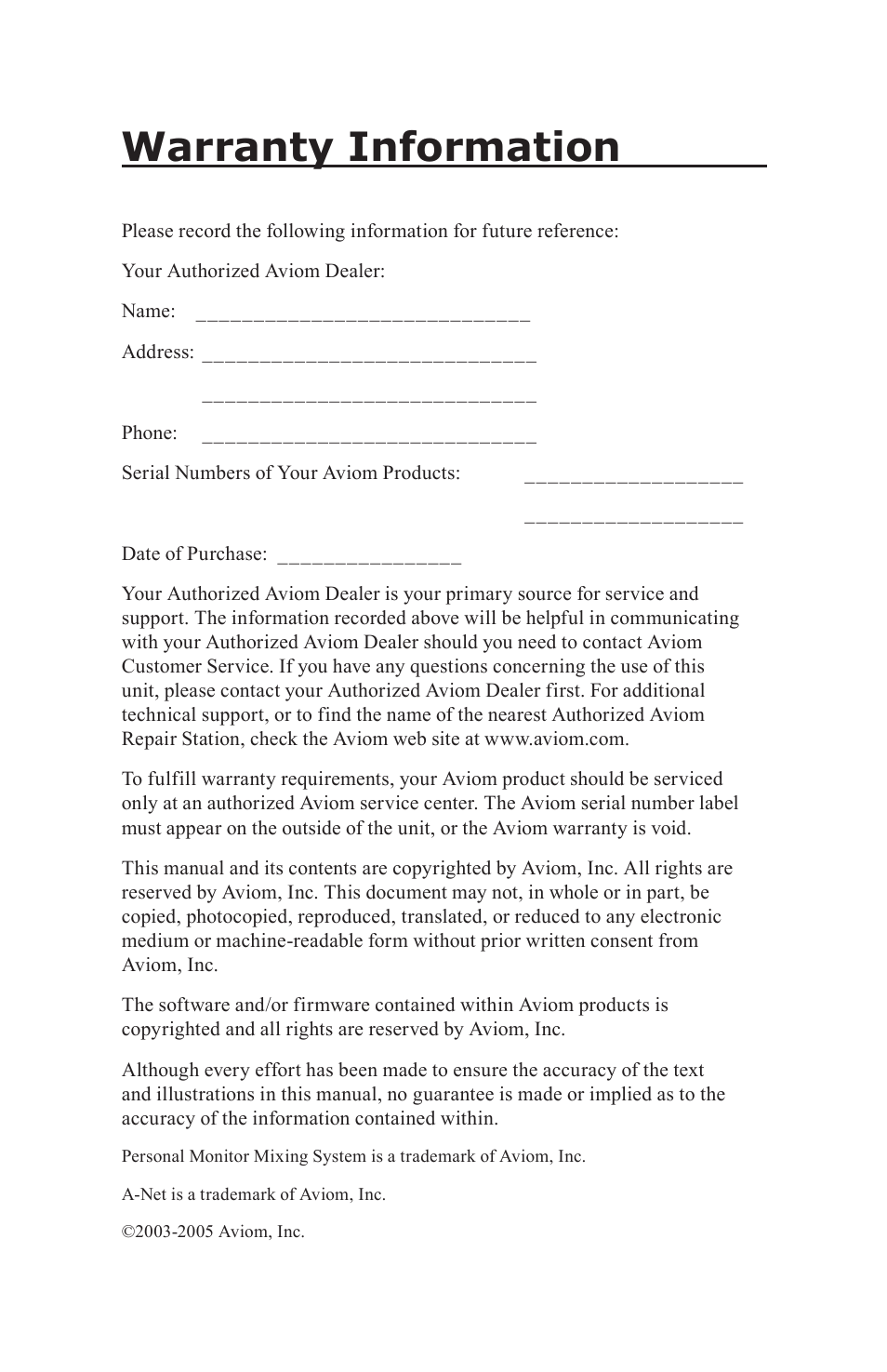 Warranty information | Aviom A-16CS User Manual | Page 4 / 92