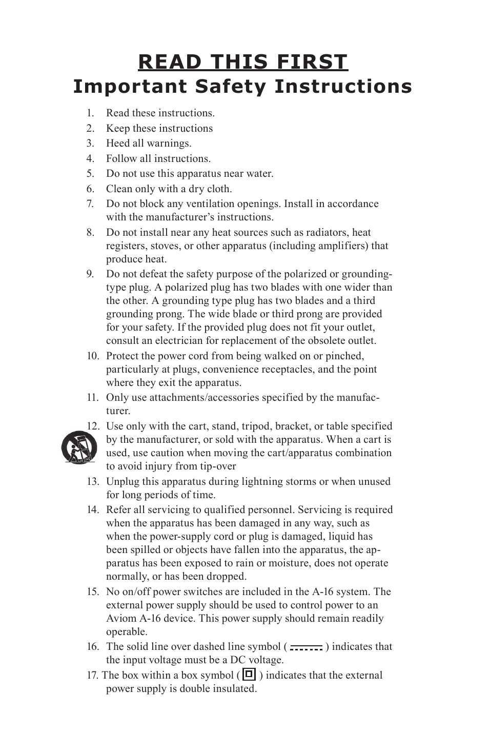 Read this first, Important safety instructions | Aviom A-16CS User Manual | Page 5 / 92