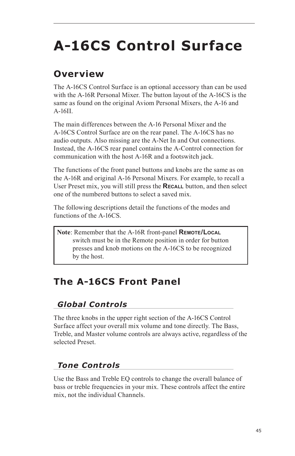 A-16cs control surface, Overview, The a-16cs front panel | Aviom A-16CS User Manual | Page 55 / 92