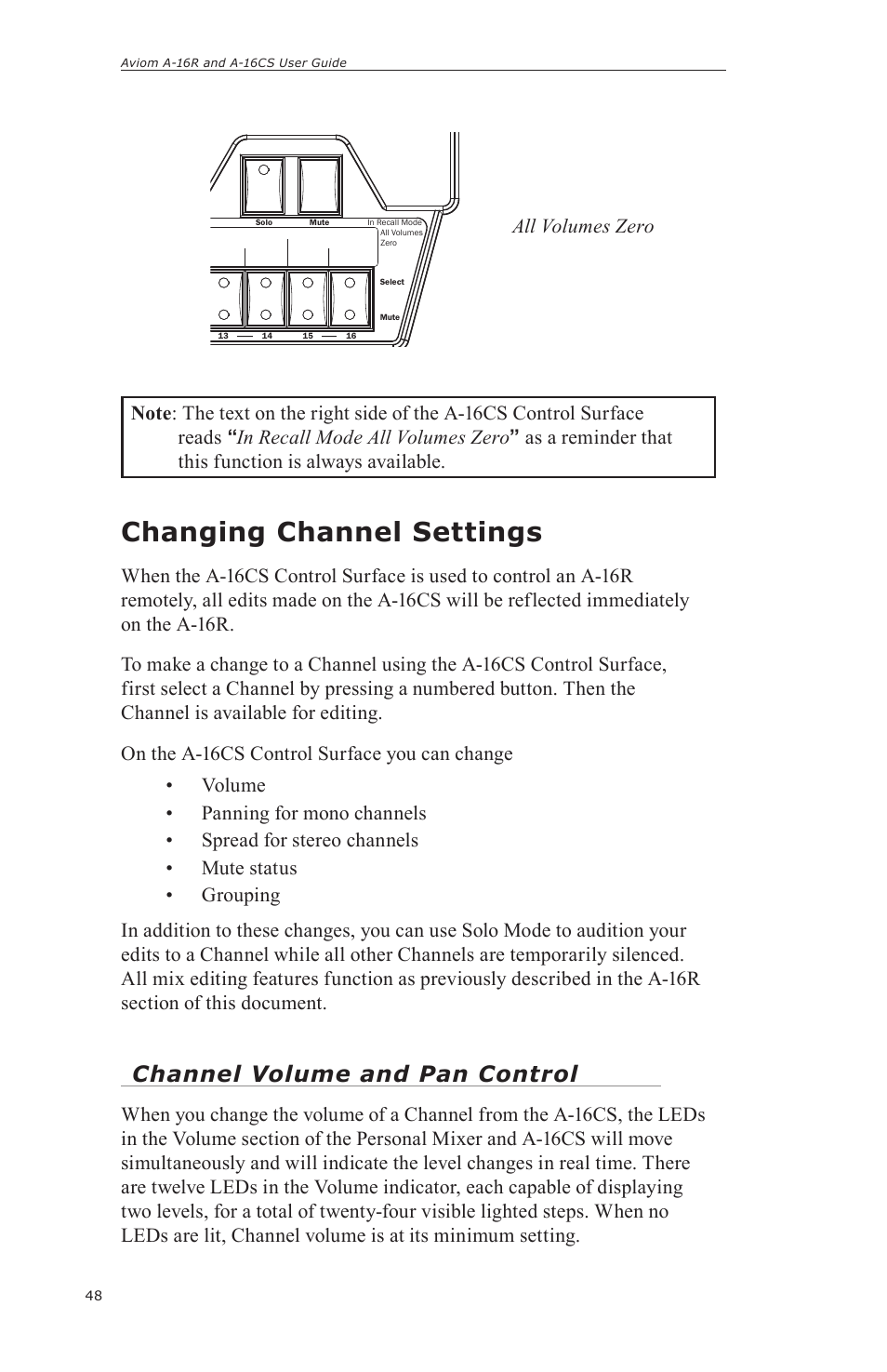 Changing channel settings, Channel volume and pan control | Aviom A-16CS User Manual | Page 58 / 92