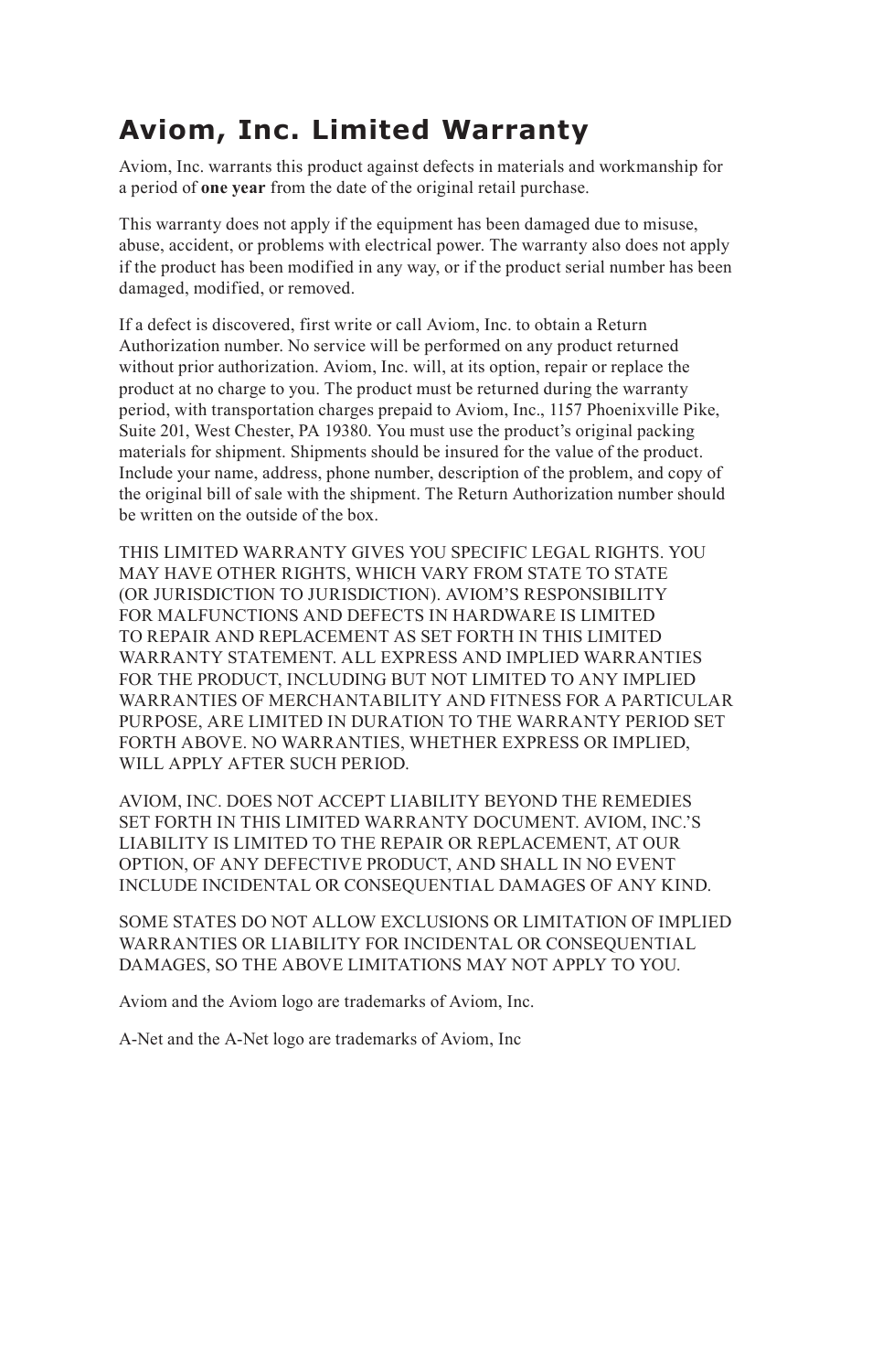 Aviom, inc. limited warranty | Aviom A-16CS User Manual | Page 6 / 92