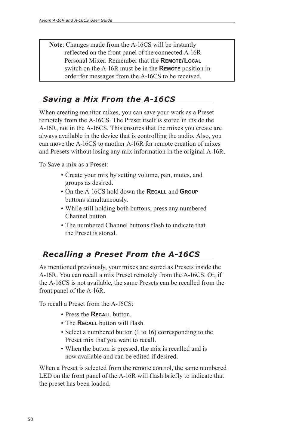 Saving a mix from the a-16cs, Recalling a preset from the a-16cs | Aviom A-16CS User Manual | Page 60 / 92
