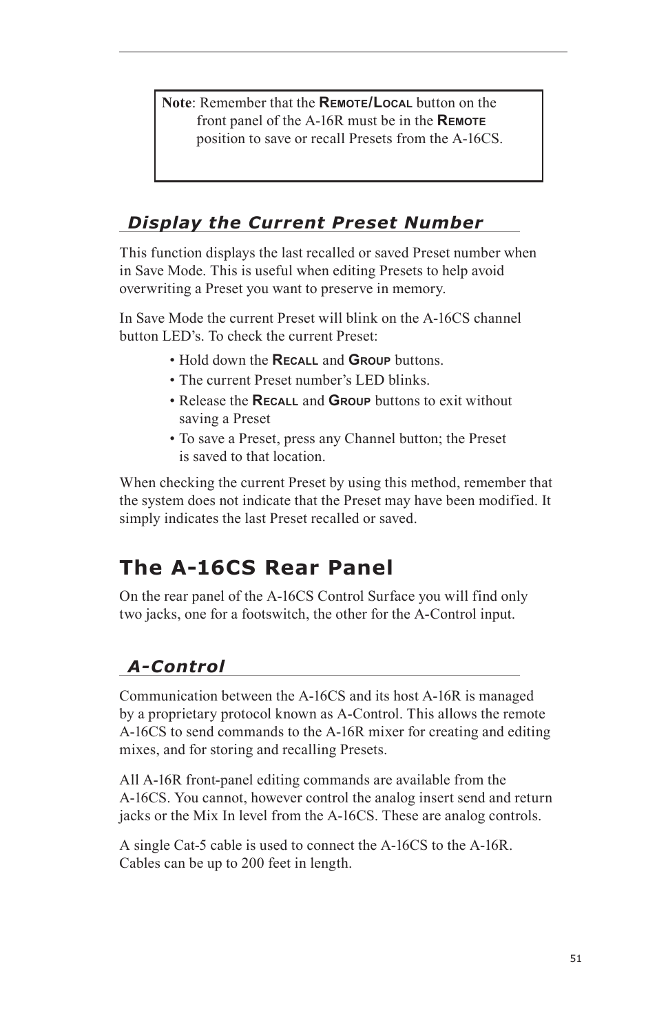 The a-16cs rear panel, Display the current preset number, A-control | Aviom A-16CS User Manual | Page 61 / 92