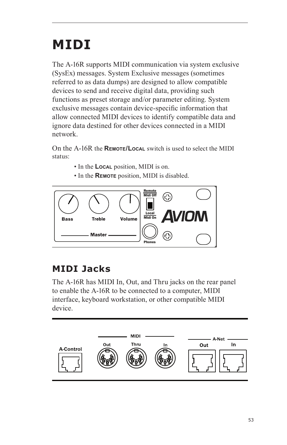 Midi, A-16r, Midi jacks | Aviom A-16CS User Manual | Page 63 / 92