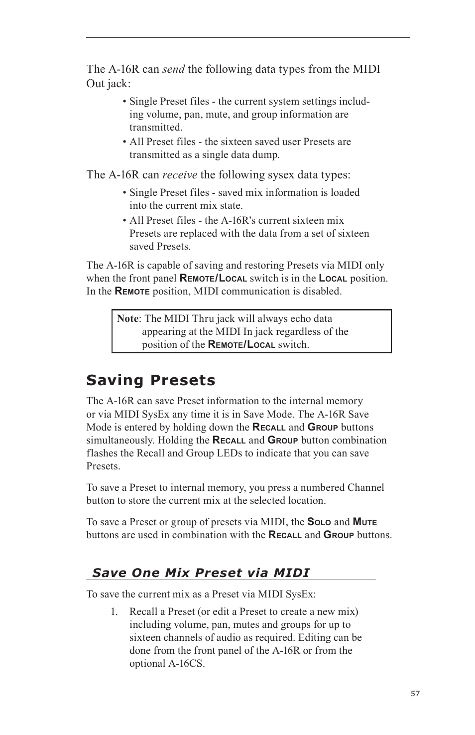 Saving presets, Save one mix preset via midi | Aviom A-16CS User Manual | Page 67 / 92