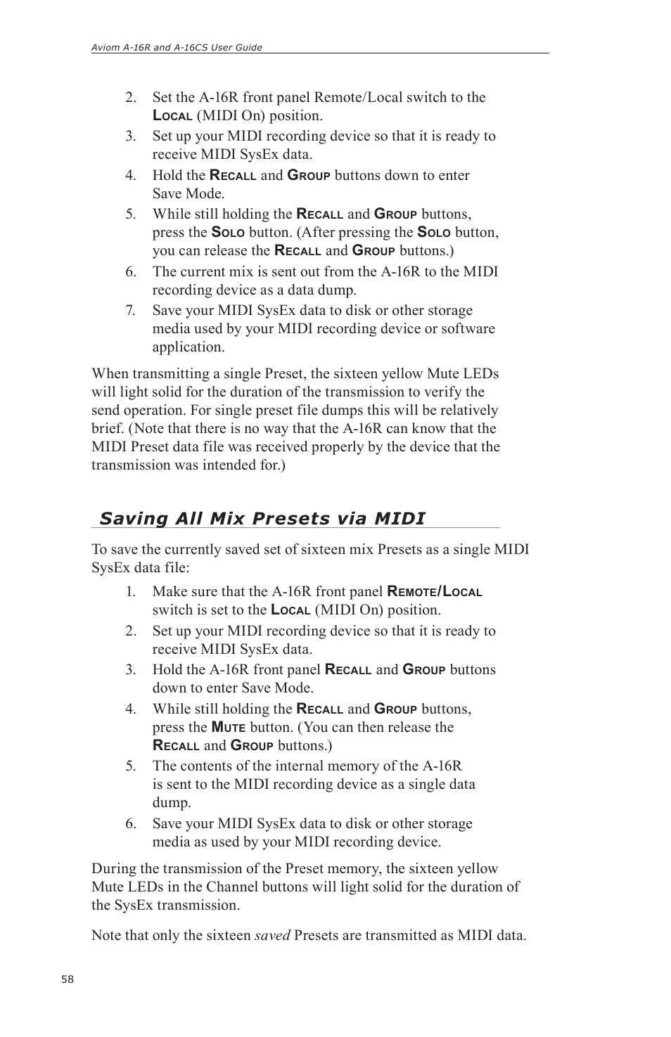 Saving all mix presets via midi | Aviom A-16CS User Manual | Page 68 / 92