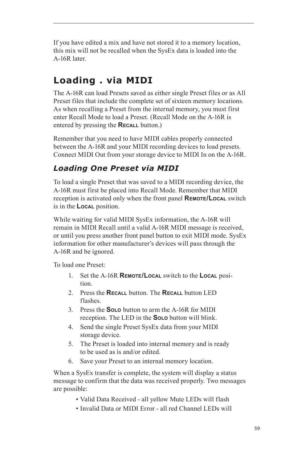 Loading . via midi, Loading one preset via midi | Aviom A-16CS User Manual | Page 69 / 92