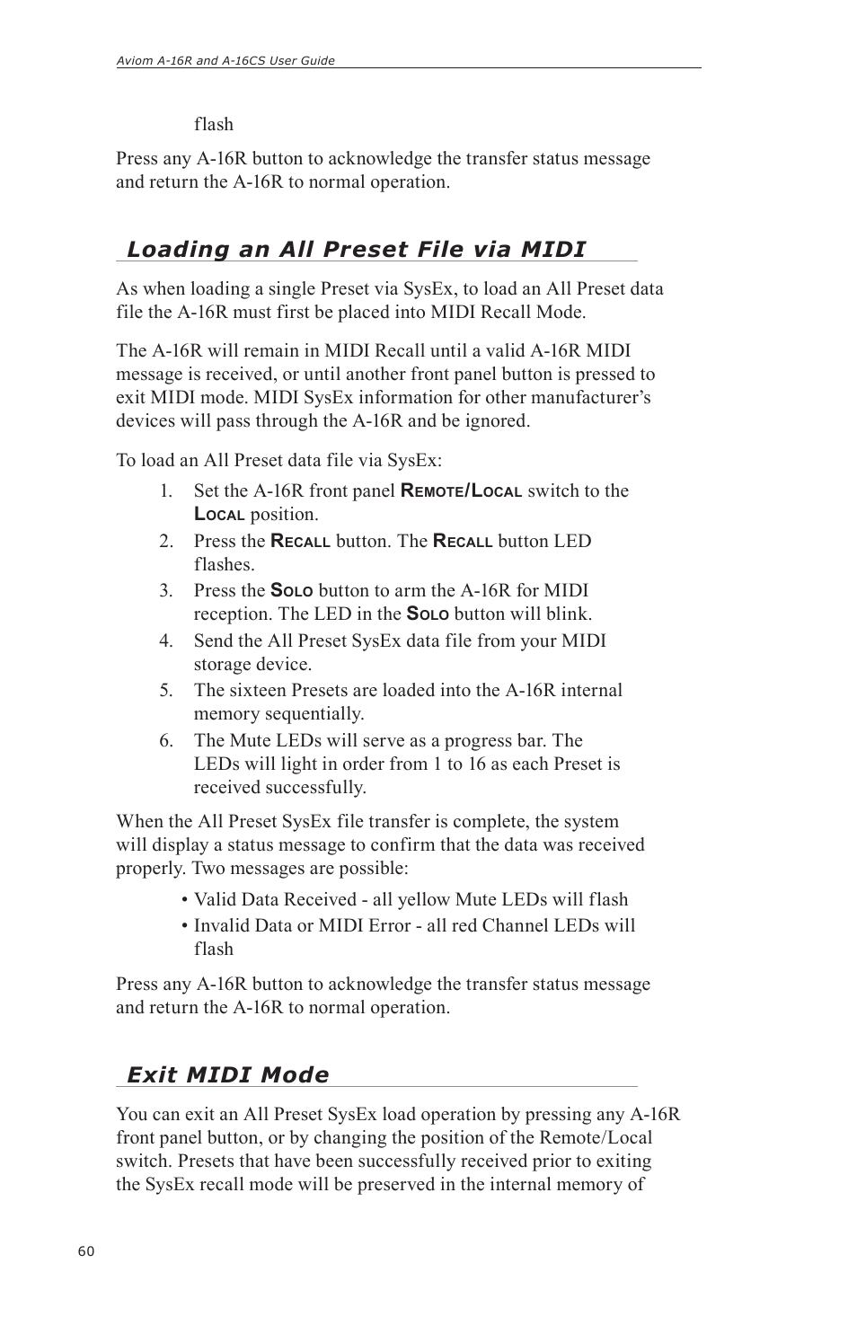 Loading an all preset file via midi, Exit midi mode | Aviom A-16CS User Manual | Page 70 / 92