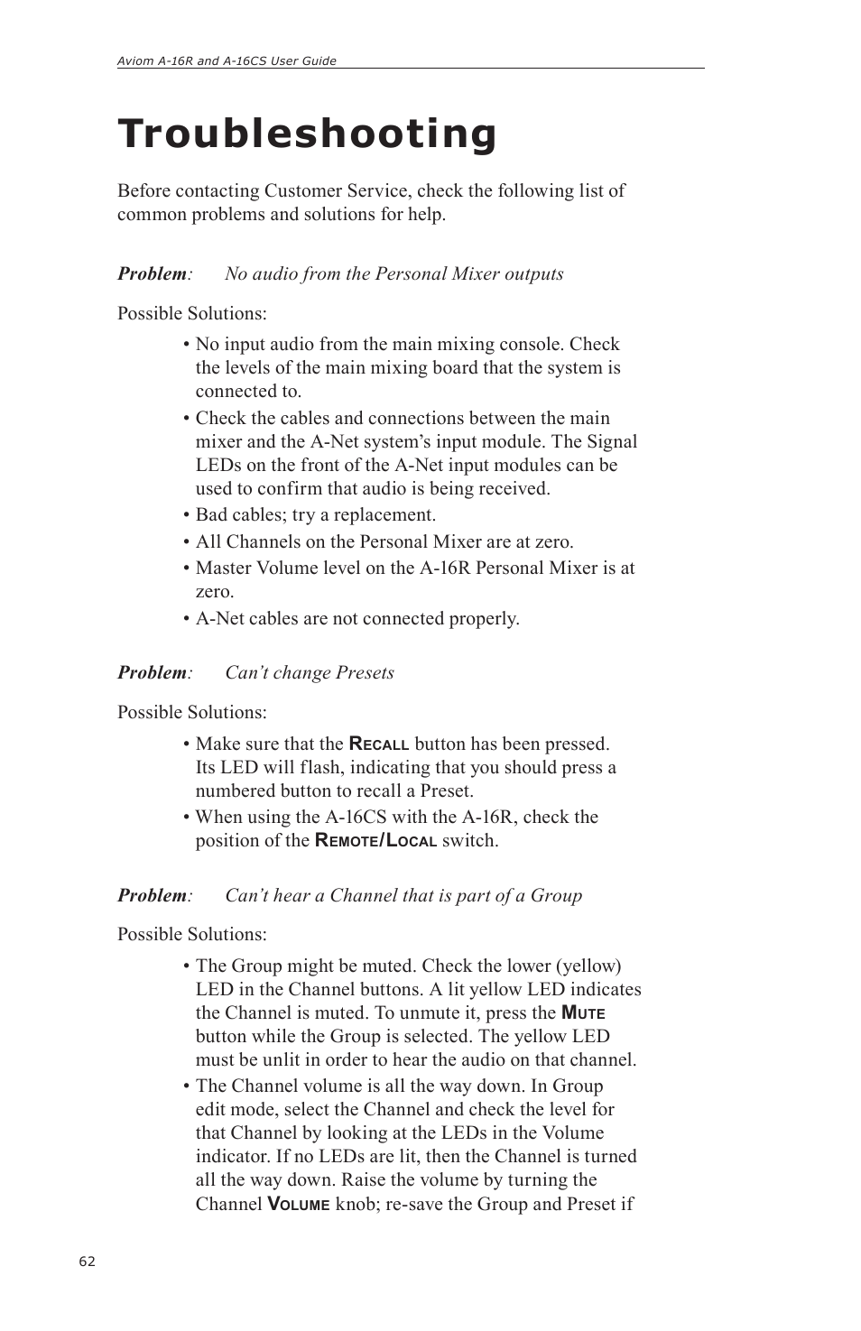 Troubleshooting | Aviom A-16CS User Manual | Page 72 / 92